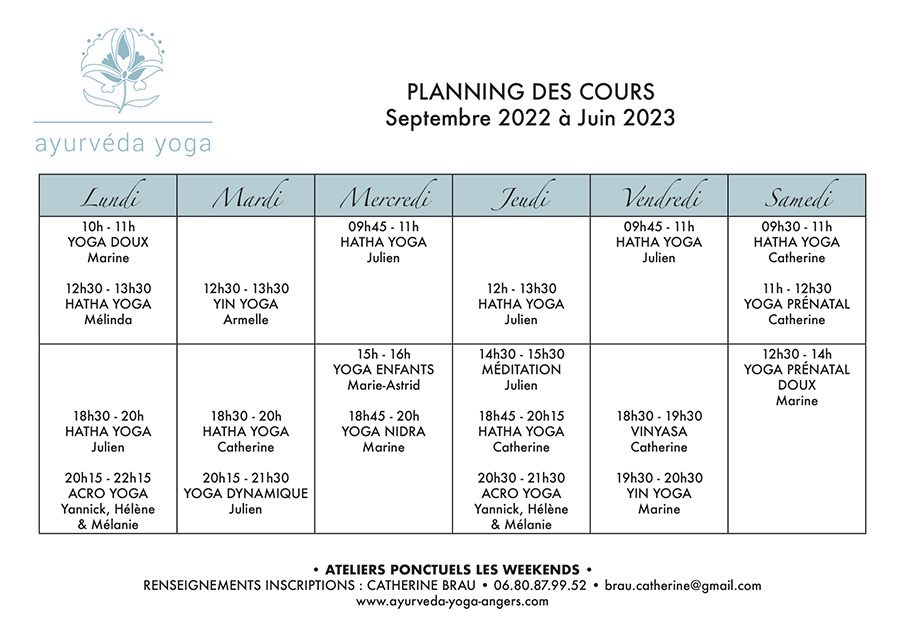 Planning yoga Angers septembre 2022